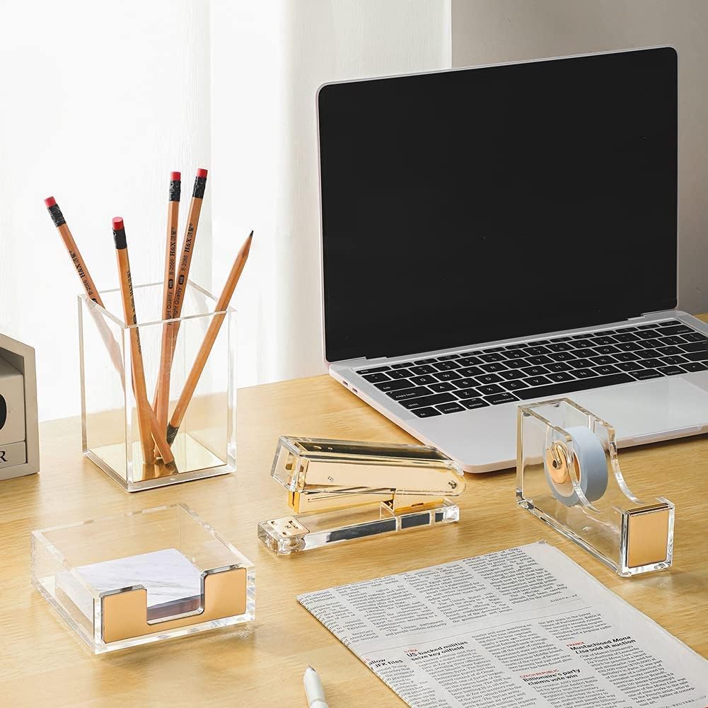 Varuni- Gold Desk Accessories- Office Accessories -Gift Set- Heavy Duty Stapler, Pen Organizer, Tape Dispenser Desk, Clear Sticky Notes- Including Clear Tape and 1000 Staples- Acrylic Desk - Image 7